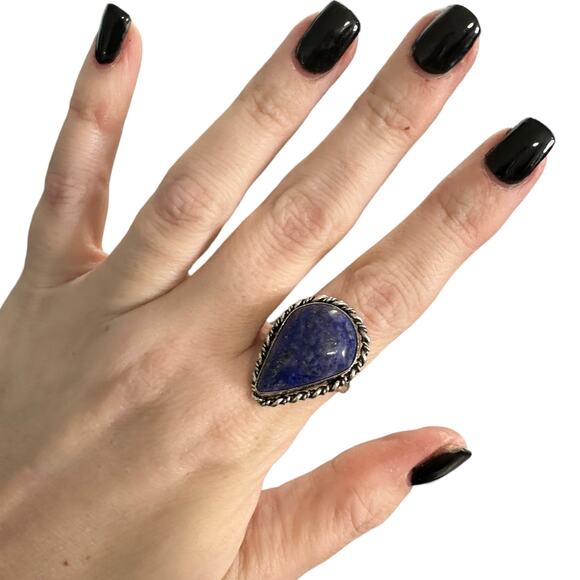 Lapis lazuli teardrop semi-precious gemstone ring sterling silver plated 8.5 - Picture 5 of 6